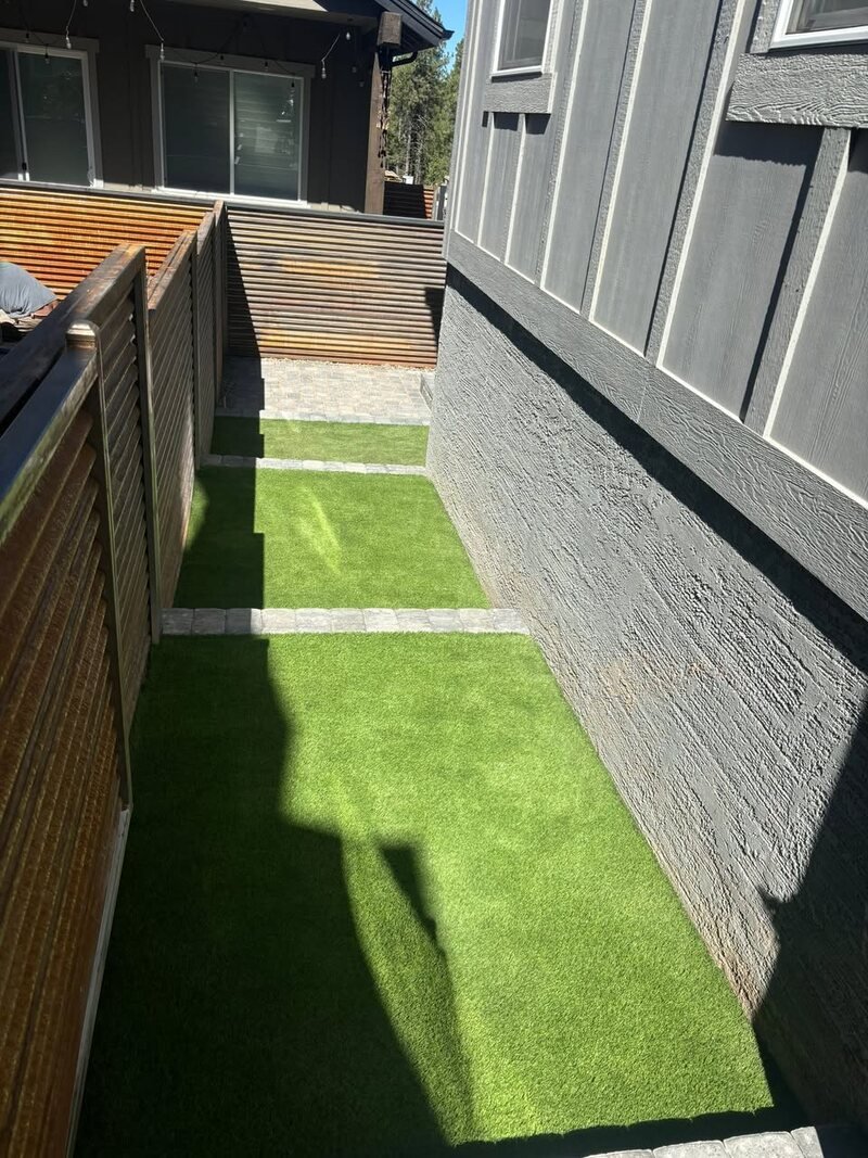 Artificial turf walkway between house and fence